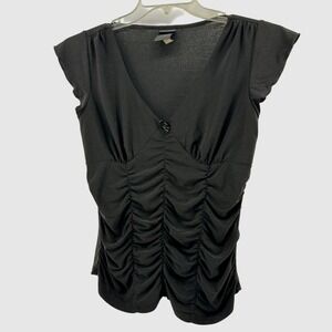 J.T.B. Ruched Front V-Neck Top Womens Medium Black Cap Sleeve Goth